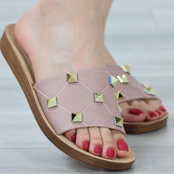 Blush Flat Comfort Flexible Sandal Slip On Sliders Trendy Gold Studs Glittery To - Picture 8 of 15